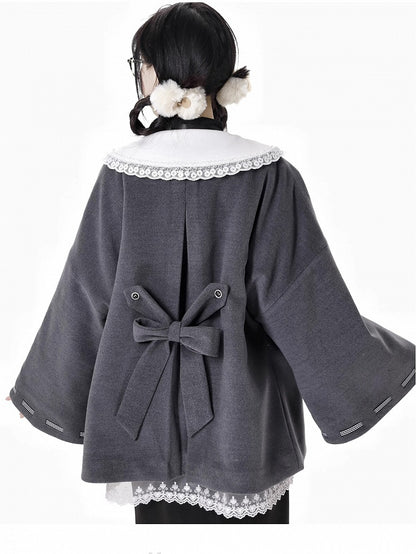 Dark Grey Bow Accents Open Placket Woolen Coat