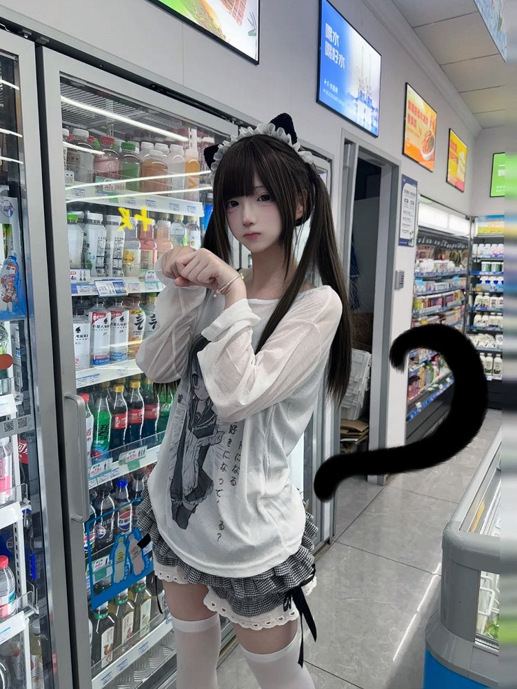 Print Semi-Sheer Cartoon Top White with Loose