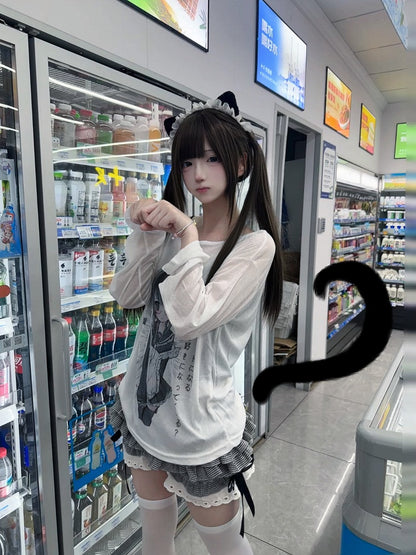 Print Semi-Sheer Cartoon Top White with Loose