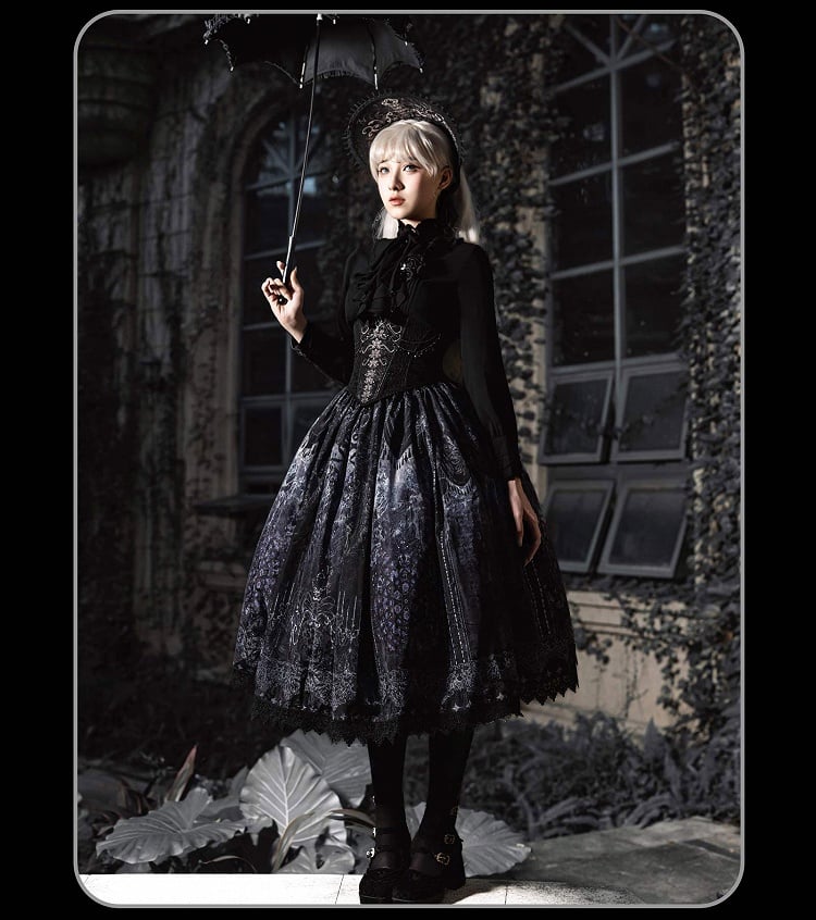 Gothic Print Skirt with Lolita and Elastic Waist Butterfly Ribs