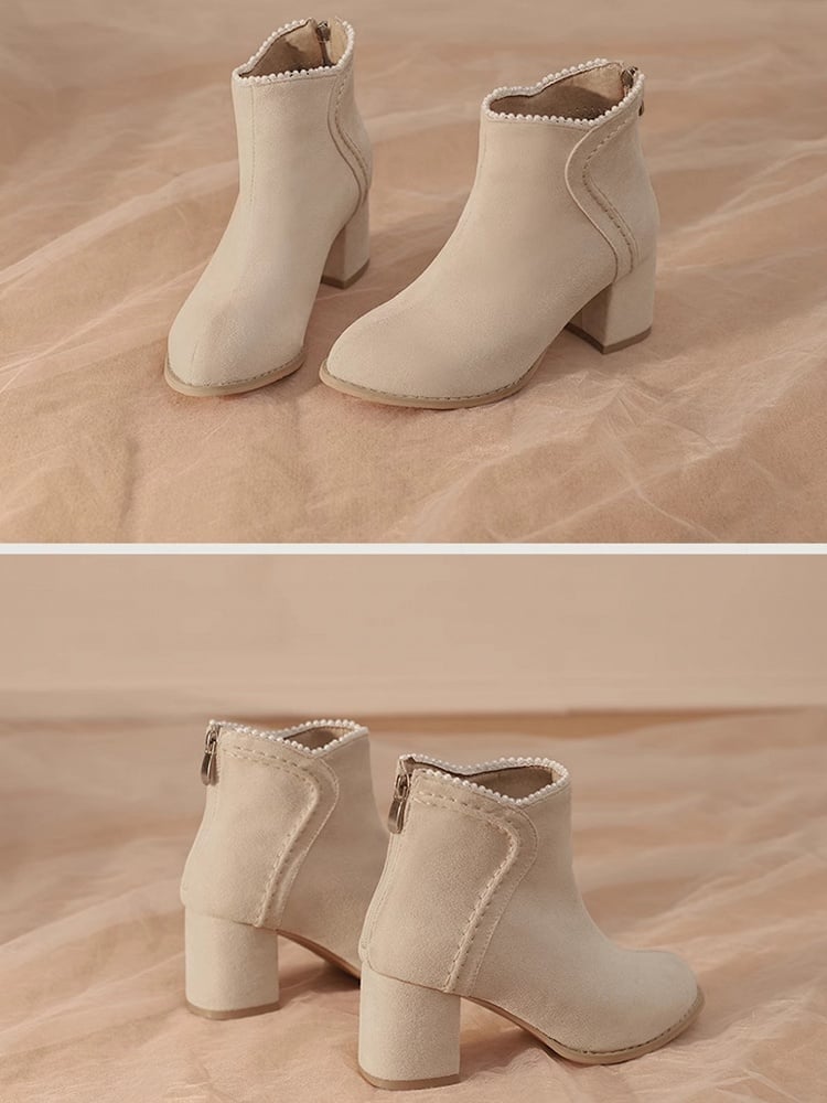 - High Version Beaded Heel Thicken Elegant Closures with Regular Cuff Beige Block Zip Boots Back /
