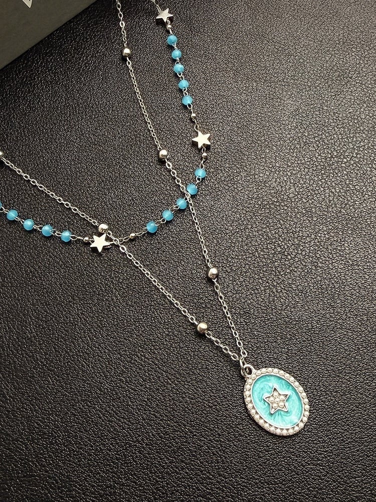 Y2K Layered Beaded Necklace in Blue & Pink with Star Pendant - YSHXS