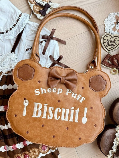 PU Light Brown Lolita Bear Cookie Bag with Fork & Spoon Embroidery