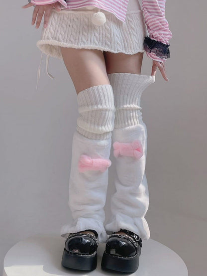 Pink) Style Lolita Fluffy Bow Warmers (White Leg