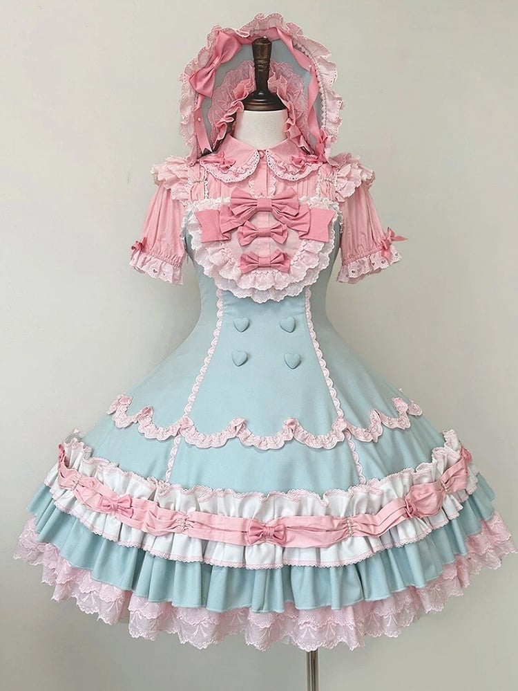 and Hemline Old Pink Decorated Sweet Layered Green Ruffle Bows