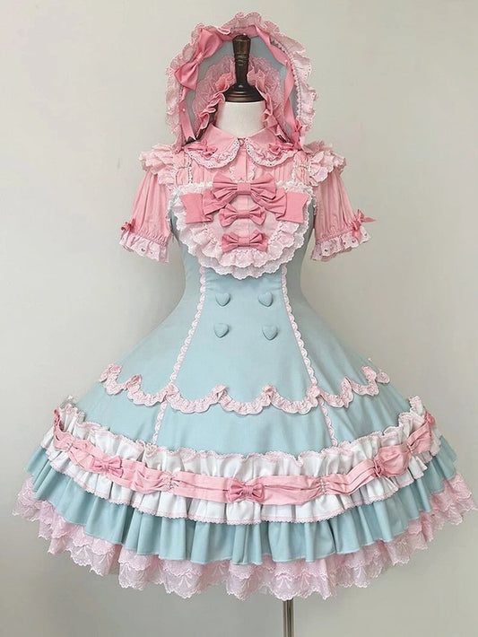 and Hemline Old Pink Decorated Sweet Layered Green Ruffle Bows