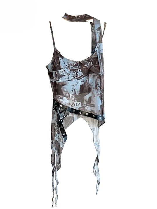 アシンメトリーキャミソールトップ ビタースウィートブルー レースアップディテール + ヘム