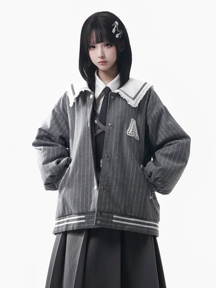 Plush Jacket Striped Preppy Letter Style Gray Patch Baseball -