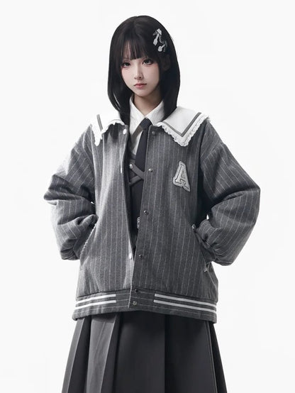 Plush Jacket Striped Preppy Letter Style Gray Patch Baseball -