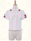 Sleeves Red Blouse Lolita Bow Short Accents Ruffled White with