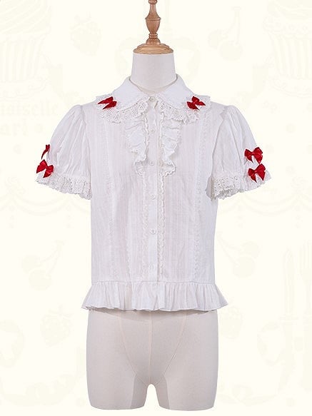 Sleeves Red Blouse Lolita Bow Short Accents Ruffled White with