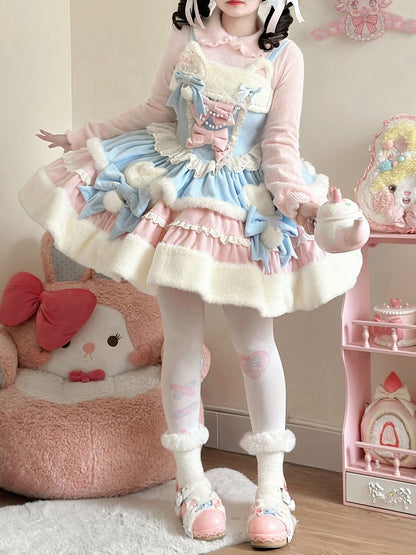 Winter Dress Ears Lolita Sweet Blue and Kitty Neckline Pink Plush