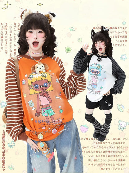 Cartoon Top Sleeve Striped Girl White/Orange