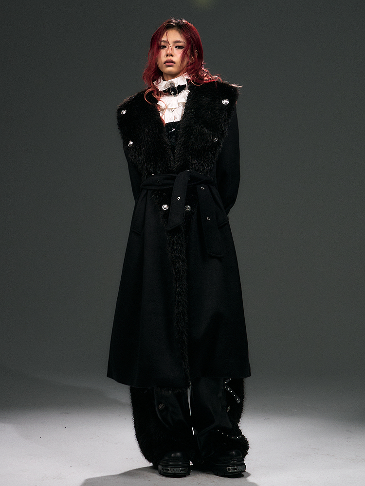 Collar Details Plush Studs Black Coat Punk Tie Wrap Around Long with