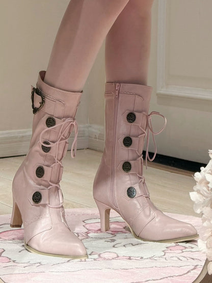 Pink Mid-Calf Pointed Details Lace-Up Design Toe Sakura Boots Leather Lolita Heels with Buckle PU -