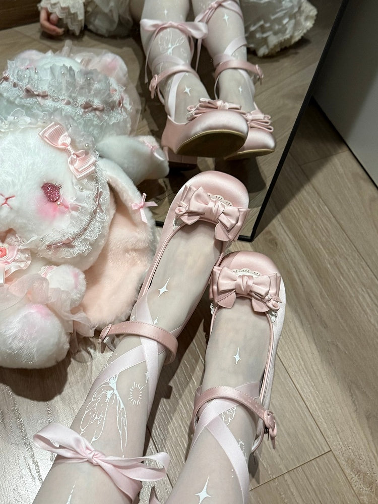 Satin Light Pink Sweet Lolita Round-Toe Low-heel Shoes - Detachable Ankle Strap with Heart Snap & Scalloped Edge