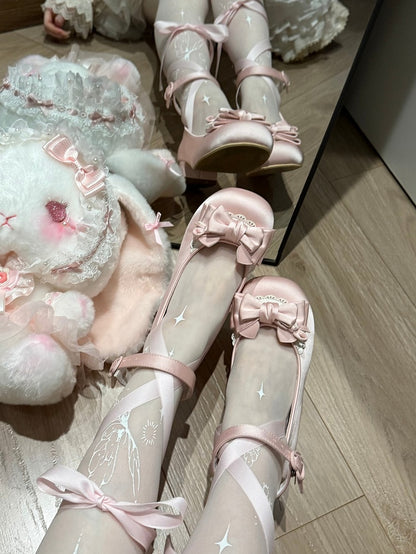 Satin Light Pink Sweet Lolita Round-Toe Low-heel Shoes - Detachable Ankle Strap with Heart Snap & Scalloped Edge