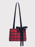 Chic Red Plaid One-Shoulder Mini Tote With Detachable Black Bow