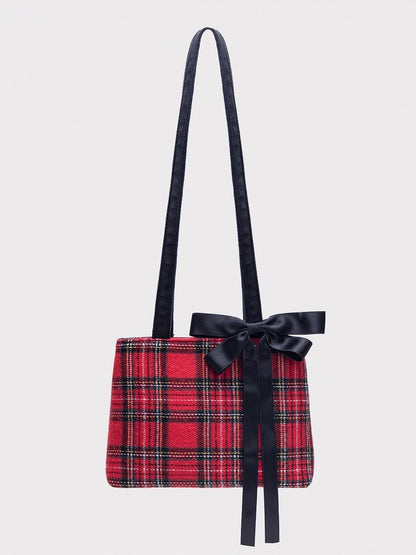 Chic Red Plaid One-Shoulder Mini Tote With Detachable Black Bow