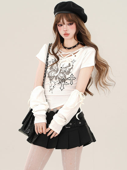 Schwarz/weißes Schmetterlings-Top mit V-Ausschnitt, Schnürung, asymmetrischem Saum und abnehmbaren Ärmeln