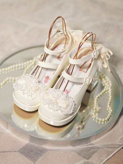Buckles Trim Heart White Heels Bow at Lace High Top Knotted Block