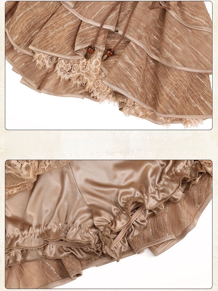Brown Chiffon Tiered Ruffled Skirt with Lace and Shorts - Virtual Orbit