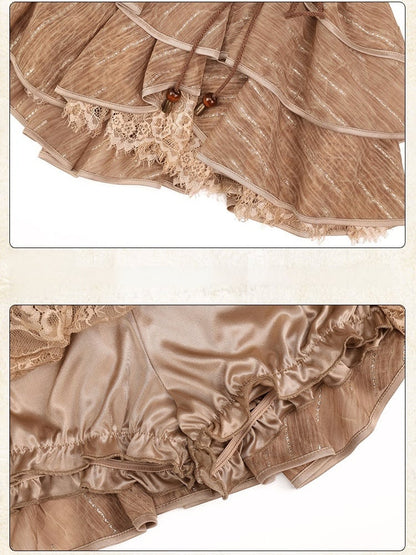 Brown Chiffon Ruffle Skirt with Lace and Shorts - Virtual Orbit