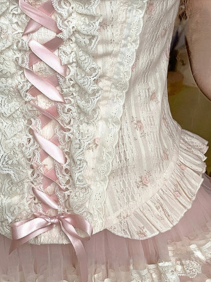 Pink Ruffled With Puff Floral Hem Top Two-Piece Corset Sleeves Faux Peplum