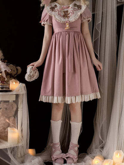 Lace Sleeves Lolita Neckline Embroidered Teddy Dresswith Bear Pink Sweet Trim Puff