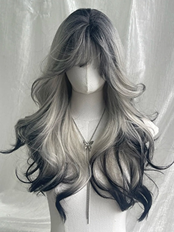 Black And White Highlights Waist Length Wavy Synthetic Wig With Bangs