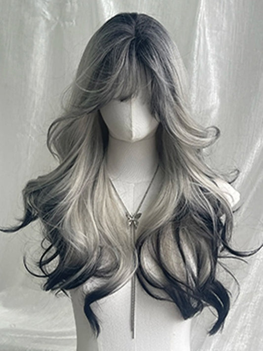 Black And White Highlights Waist Length Wavy Synthetic Wig With Bangs