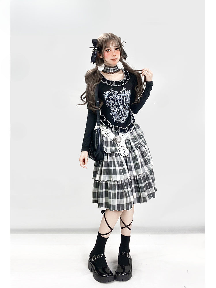 Y2K ブラック＆ホワイト チェック柄 ハイウエスト 膝丈 グラマラス ティアードスカート