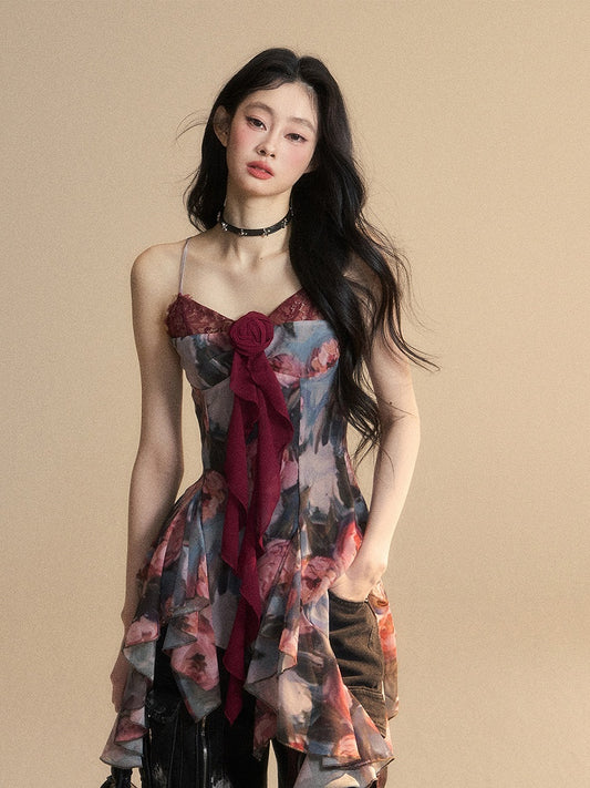 Malerei Rot Öl Cami Top Asymmetrische Volant Verziert Saum Floral Glamourös