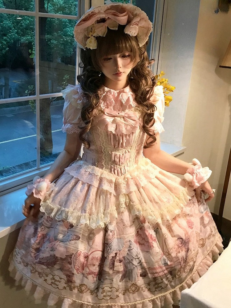 Sleeves Pink Cat Dress Flutter Trim and Bow Lace Print Accents Sweet with Lolita JSK