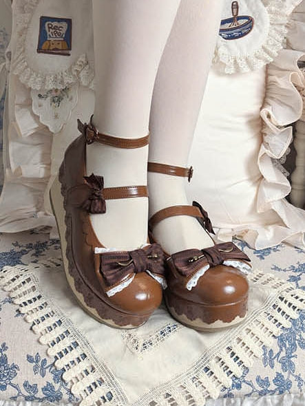 Sweet Decoration Striped Bow with Jane Shoes Lace Mary Trim PU Platform Brown