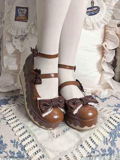 Sweet Decoration Striped Bow with Jane Shoes Lace Mary Trim PU Platform Brown