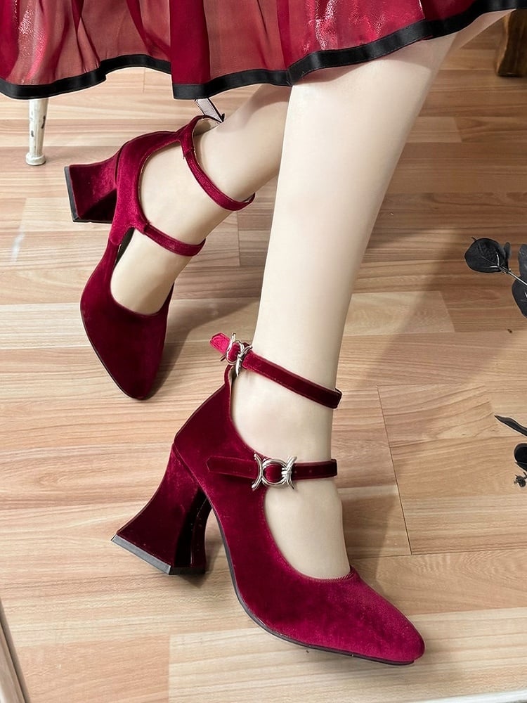 Elegant Red Heels Embellished - Lolita Wine Pointed Mary Closures Velvet Snap Jane Thorn Toe