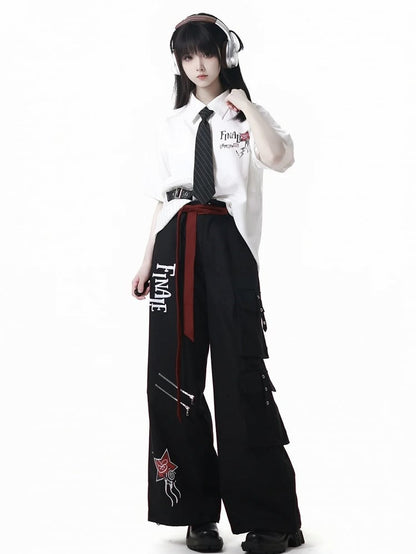 Version Black Buttons Red Long/Short Short Sleeves Shirt and Contrast Leather Buckle Strap White