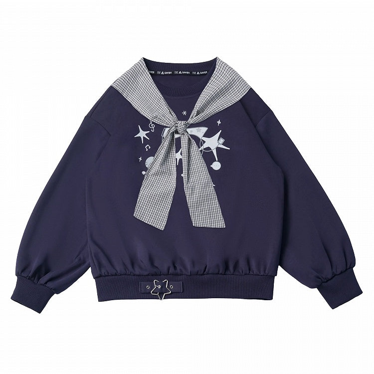 Kawaii Navy Mouse Print Crewneck Sweatshirt with Plaid Shawl Set for Daily Wear - PINK SAVIOR