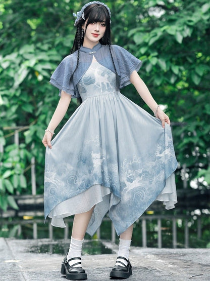 Blue Flutter Sleeve Cropped Top with Frog Button Detail - Quirky Hut