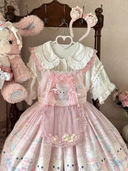 Pink Kitty and Polka Dots Pattern Sweet Lolita Overall Dress