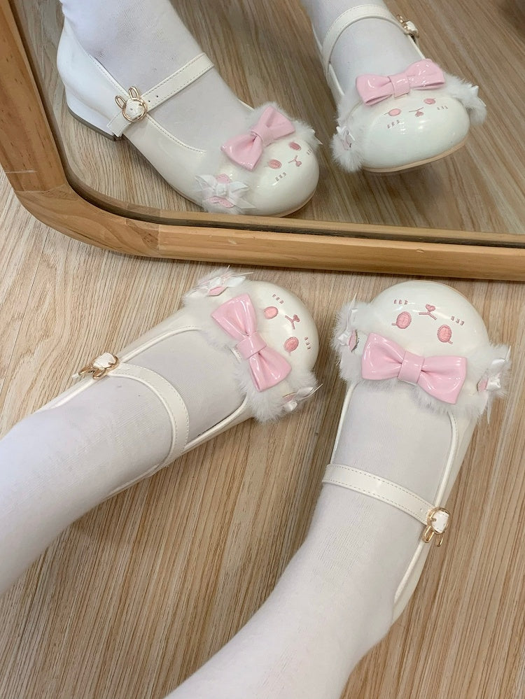 Bowknot Lolita Toe Strap With Ear Sweet Plush Round Bunny Shoes WhitePink Buckle Details