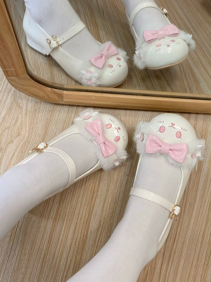 Bowknot Lolita Toe Strap With Ear Sweet Plush Round Bunny Shoes WhitePink Buckle Details