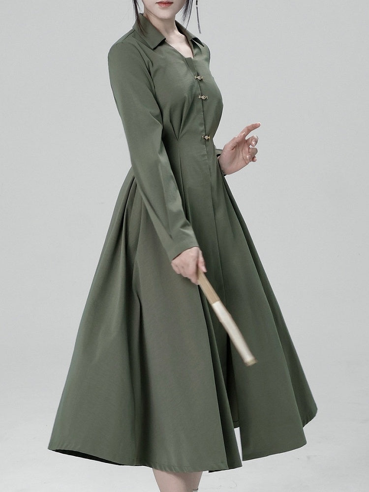 Robe verte Box Dress Plissé Pression Construction Col V Chinois Style Devant