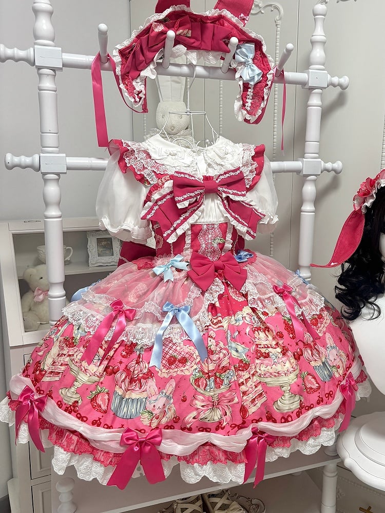 Bunny Bow Rose Sweet Accents Kleid und Print Lolita Erdbeerrosa