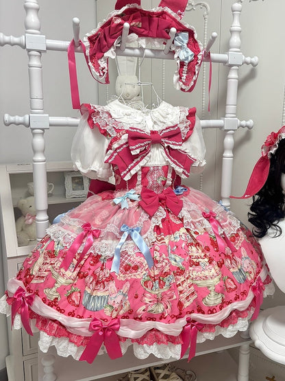 Bunny Bow Rose Sweet Accents Kleid und Print Lolita Erdbeerrosa