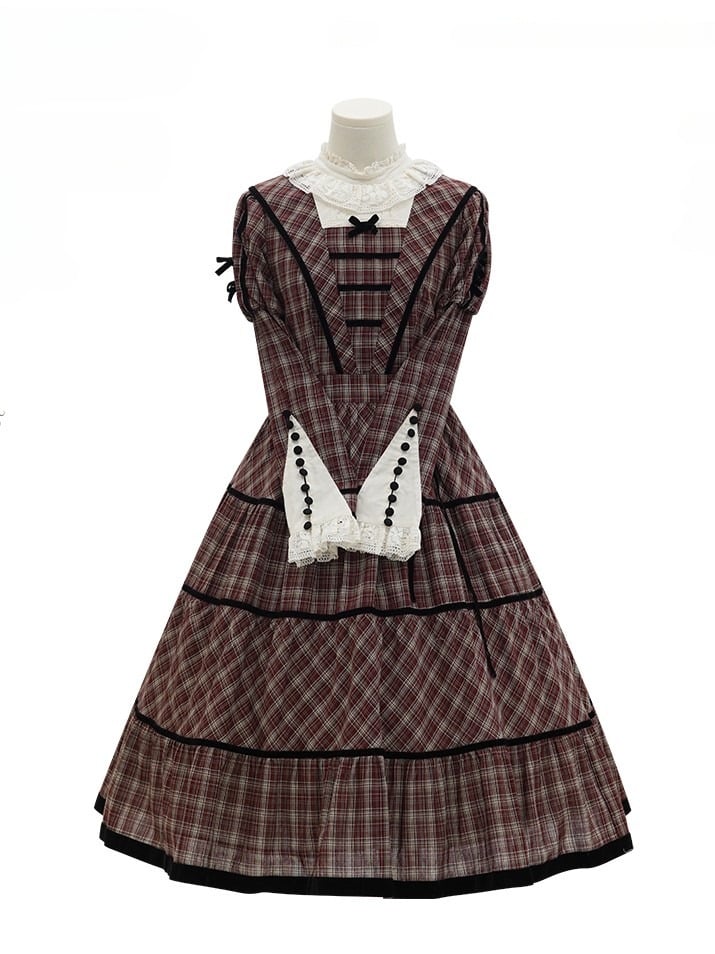 Neckline with Lace Black Long Classic Plaid Sleeves Lolita Dress Elegant Red and Piping