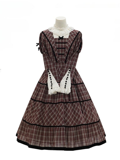 Neckline with Lace Black Long Classic Plaid Sleeves Lolita Dress Elegant Red and Piping