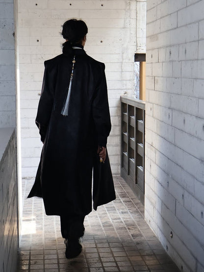 Black Trench Coat with Dragon Embroidery, Mandarin Collar & Detachable Tassel Trim - Feng Hua Gui Guo Ling