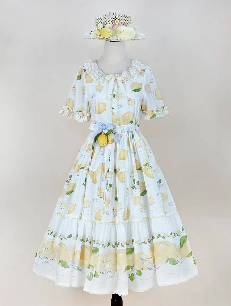 Chick Sleeves for Short Summer White Lolita Dress Print and Lemon Spring